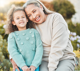 Hug, laughing and portrait of girl with grandmother in garden of home together for bonding or...