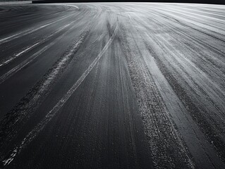 A panoramic blackandwhite photograph of an empty racetrack, with detailed tire marks crisscrossing the surface, creating a powerful image of speed and precision