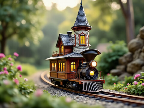 Victorian House Steam Locomotive Train Tracks Smoke Stack Old Timey Train Beautiful Sunshine Day Miniature Style