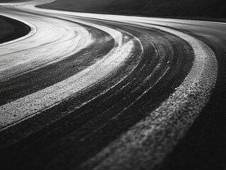 Fototapeta premium An abstract blackandwhite photograph of tire marks on a racetrack, where the lines create a sense of rhythm and movement, framed by the curves of the track
