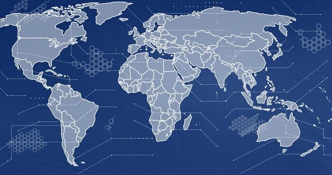 World map with hexagonal patterns, global network connections animation