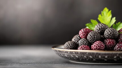 Fresh blackberries and raspberries on an elegant plate, perfect for organic food, desserts, or healthy lifestyle imagery.