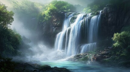 A majestic waterfall cascading down a rugged cliff into a crystal-clear pool below, surrounded by lush green forest and mist.