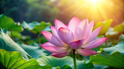 Obraz premium Pink lotus flower in full bloom under sunlight symbolizing purity, enlightenment, rebirth, and tranquility