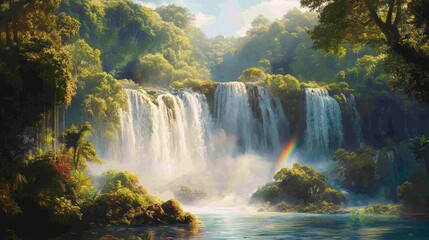 A panoramic view of a multi-tiered waterfall in a tropical rainforest, with vibrant foliage and a misty spray creating a rainbow effect.