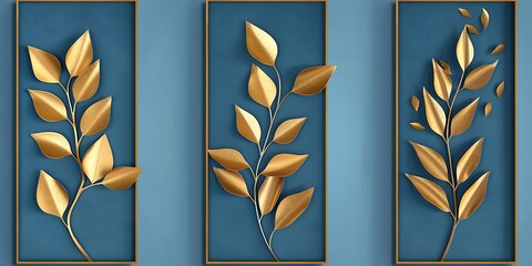 Produce a set of three modern 3D floral wall art panels in blue and gold