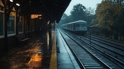 Fototapeta premium A rural train station platform under heavy rain, with a lone figure waiting for a train. The tracks are glistening wet, and rain is falling heavily.