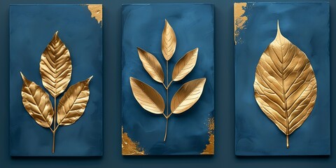 Produce a set of three modern 3D floral wall art panels in blue and gold
