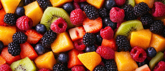 Obraz premium Colorful fruit salad with a mix of berries, citrus, and melon, rich in antioxidants, brain health focus