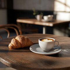 Cappuccino and Croissant on Wooden Café Table