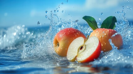 The blue sky and sea surface during the day, the upper part of the picture is the sea level, and there is a cut apple and two or three whole apples in the middle of the picture