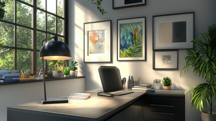 Fototapeta premium A sophisticated office workspace with modern decor elements like a stylish desk lamp, potted plants, and framed art on the walls.