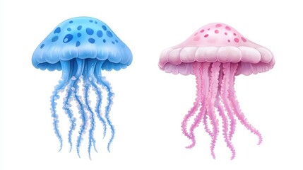 Colorful jellyfish with blue and pink hues, floating gracefully in a serene ocean environment, showcasing their delicate tentacles.