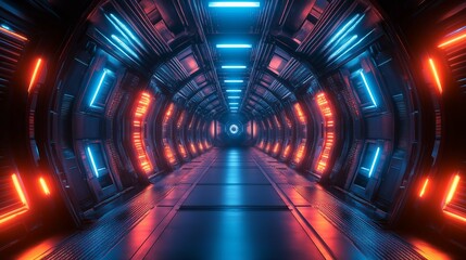 Cyberpunk-style tunnel with metallic walls and blue neon lights.