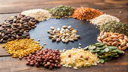 Fototapeta premium A Circle of Various Seeds and Grains on a Wooden Surface