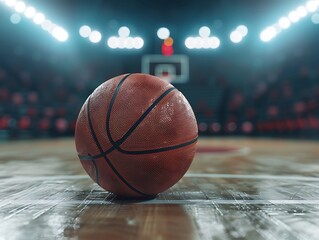 Basketball on the court, the bright colors of the ball and court markings stand out against