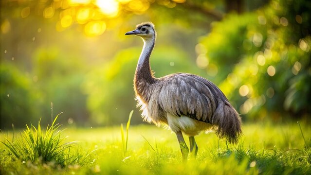 Majestic rhea bird standing in a green meadow with glistening plumage under sunlight, featuring a curious gaze