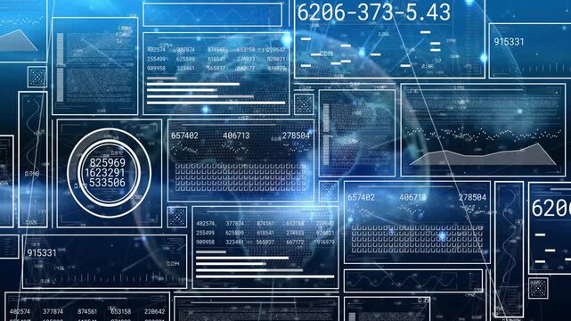 Digital data and numerical analysis animation over blue technological background