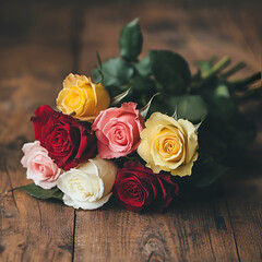 Bouquet of Colorful Roses on Rustic Wooden Table