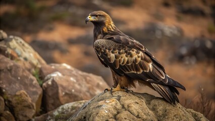 Golden Eagle Perched on a Rock with a Blurry Background