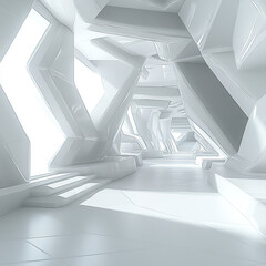 White interior, white geometric shapes, futuristic design,