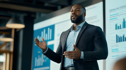 A black entrepreneur standing confidently on stage, giving a presentation to an audience at a business conference