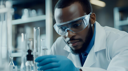 A black scientist wearing a lab coat and safety goggles, carefully examining a test tube in a modern laboratory.