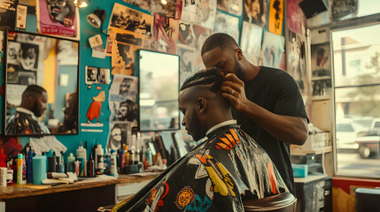 Obraz premium A black barber skillfully cutting a client’s hair in a lively barbershop filled with colorful posters and mirrors