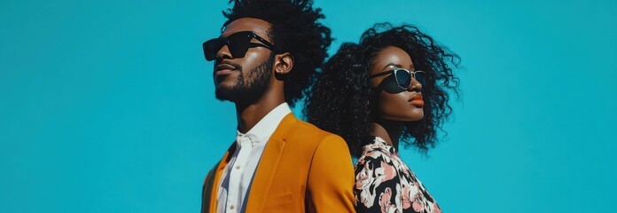 Stylish Black African American couple standing confidently against a vibrant blue background, exuding elegance and connection. A striking portrayal of unity, fashion, and individuality.