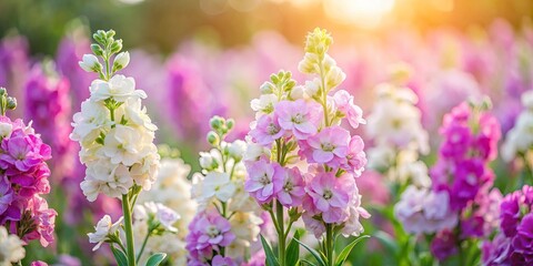 Delicate matthiola incana flowers with pastel hued blooms and soft hairy leaves in a vibrant field on a sunny day