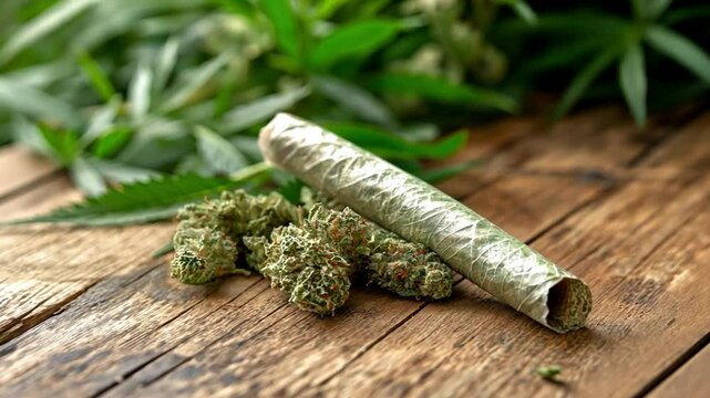 Rolling a blunt cannabis joint and placing a cannabis bud or flower on the table