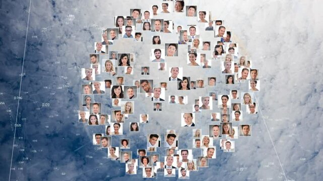 Collage of diverse faces forming globe shape over network connections animation