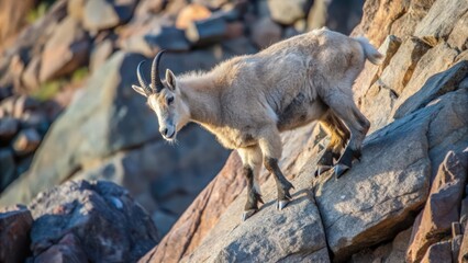 Obraz premium A Young Mountain Goat Navigates Rocky Terrain
