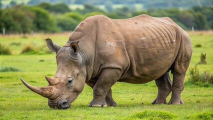 Obraz premium A White Rhinoceros Grazing in a Field