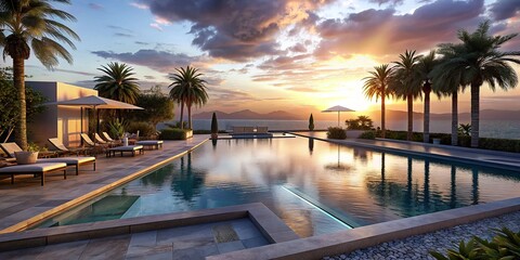 Fototapeta premium Luxury infinity swimming pool at modern house at sunset