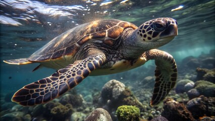 Fototapeta premium Sea Turtle Swimming Underwater in a Coral Reef