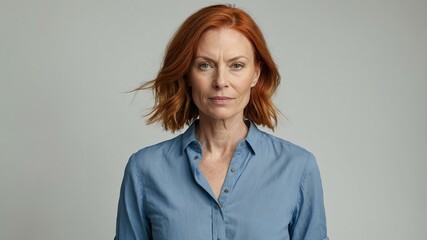 Obraz premium adult red hair white woman in blue shirt model portrait standing straight on a plain white background for ad concept space for text