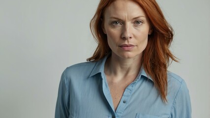 Obraz premium adult red hair white woman in blue shirt model portrait standing straight on a plain white background for ad concept space for text