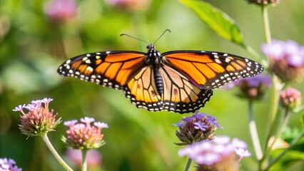 Obraz premium Monarch Butterfly in Flight Over Purple Flowers