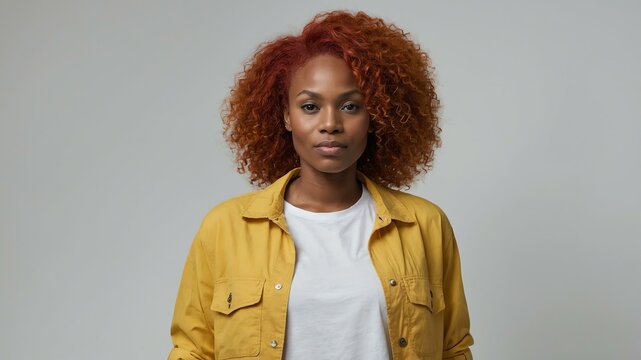 adult red hair subsaharan african woman in yellow shirt model portrait standing straight on a plain white background for ad concept space for text