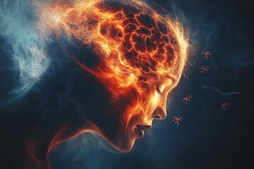 Abstract profile with fiery brain elements symbolizing intense thought cognitive processes and the explosive nature of creative ideas