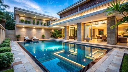 Fototapeta premium Luxury swimming pool at modern house at sunset