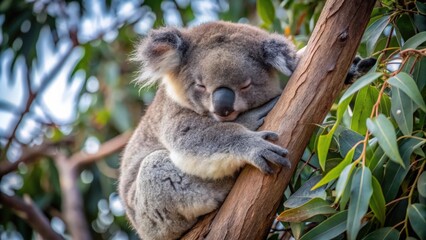 Obraz premium A Sleeping Koala Bear Cradled In a Eucalyptus Tree