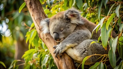 A Sleepy Koala Curled Up in a Tree