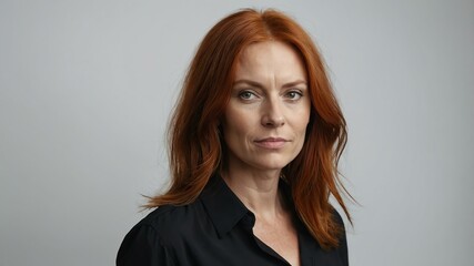 Fototapeta premium adult red hair european woman in black shirt model portrait standing straight on a plain white background for ad concept space for text