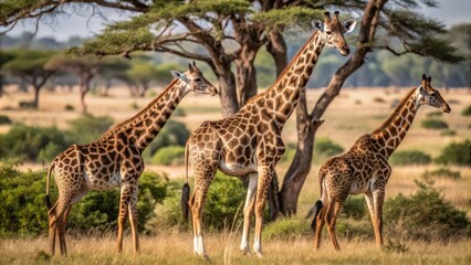 Fototapeta premium Three Giraffes Standing in a Savanna Landscape