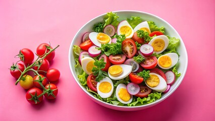 Fresh and colorful salad bowl with hard boiled eggs, tomatoes, lettuce, and radishes on a pink background