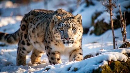 Fototapeta premium Snow Leopard Walking Through Snow-Covered Landscape