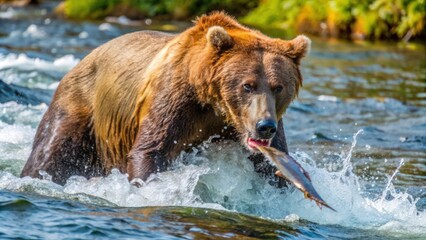 A Brown Bear Catching Salmon in a River