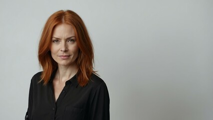 Obraz premium adult red hair caucasian woman in black shirt model portrait standing straight on a plain white background for ad concept space for text